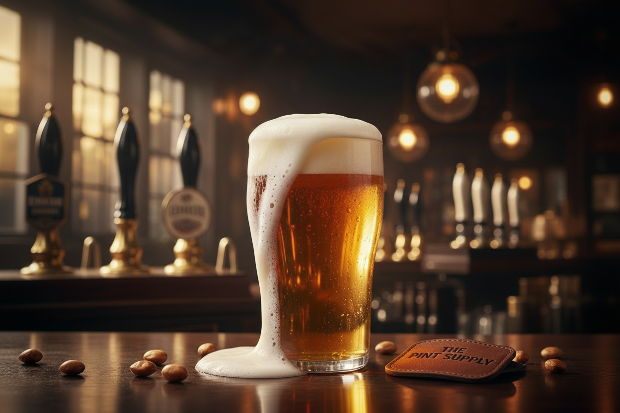 Glass of beer on a bar counter with 'The Pint Supply' branding.